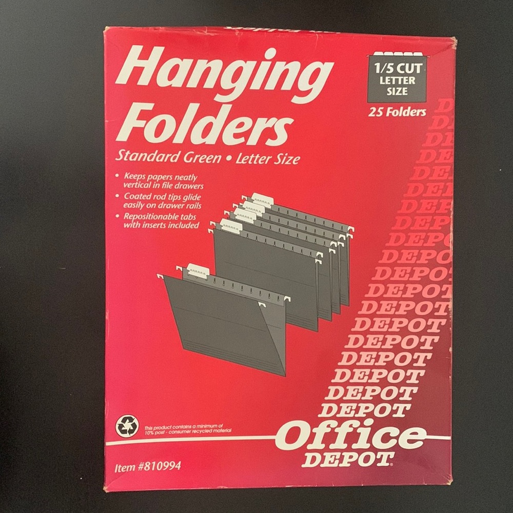 NWT Office Depot standard green letter size hanging file folders box of 25